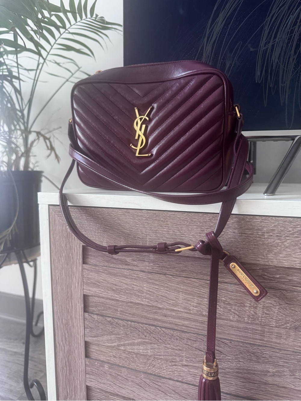 Saint Laurent Lou Camera Bag in Burgundy with Gold Hardware